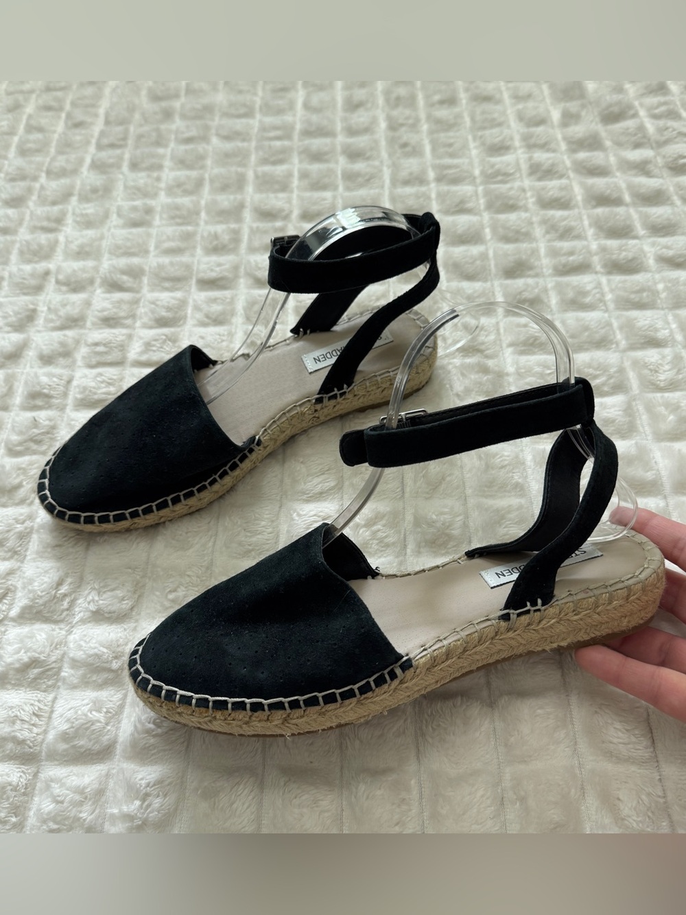 Steve Madden 8 Lesko Black Suede Leather Espadrille Ankle Strap Sandals Flats